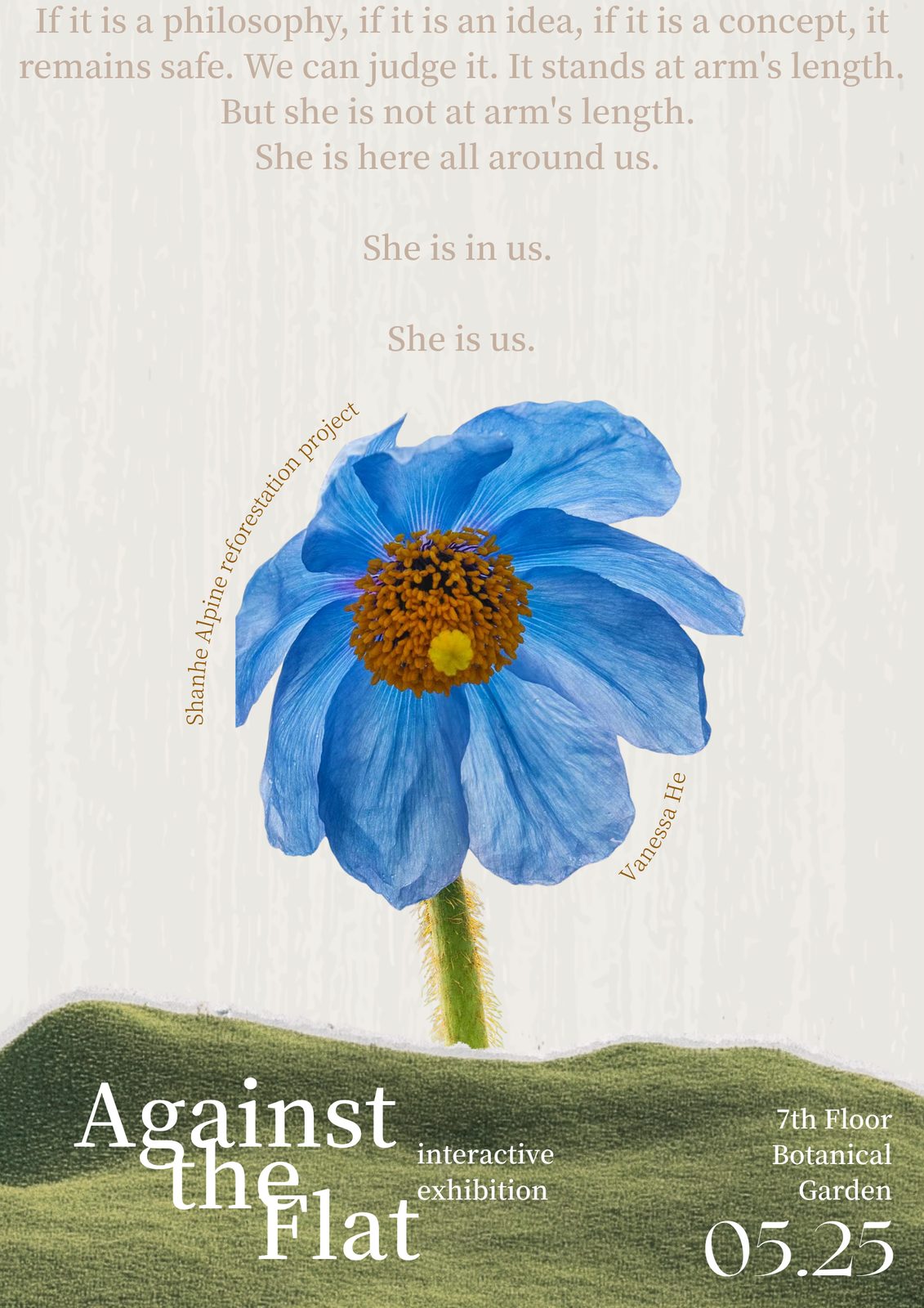 Against the Flat exhibition poster, blue Himalayan poppy on a felted hill